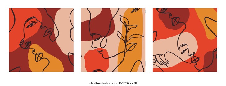 Set of Woman's Face continuous Line art. Abstract Contemporary collage of geometric shapes in a modern trendy style. Vector Portrait of a female. For Beauty Concept, t-Shirt Print, postcard, poster