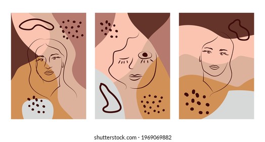 Set of Woman's Face continuous Line art. Abstract Contemporary collage of geometric shapes in a modern trendy style. Portrait of a female For Beauty Concept