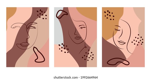 Set of Woman's Face continuous Line art. Abstract Contemporary collage of geometric shapes in a modern trendy style. Portrait of a female For Beauty Concept