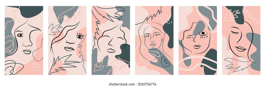 Set of Woman's Face continuous Line art. Portrait of a female For Beauty Concept. Abstract Contemporary collage of geometric shapes in a modern trendy style