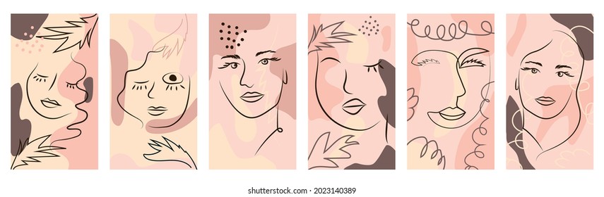 Set of Woman's Face continuous Line art. Portrait of a female For Beauty Concept. Abstract Contemporary collage of geometric shapes in a modern trendy style