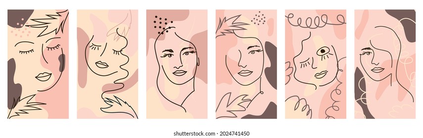 Set of Woman's Face continuous Line art. Abstract Contemporary collage of geometric shapes in a modern trendy style