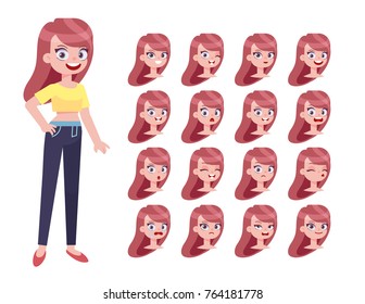Set of woman's face emotions. 3/4 view character, separate parts of body. Facial expression. Cartoon style, flat vector illustration.