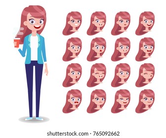 Set of woman's face emotions. 3/4 view character, separate parts of body. Facial expression. Cartoon style, flat vector illustration.