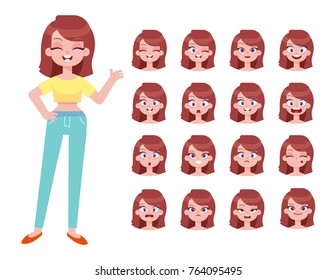 Set of woman's face emotions. Front view character, separate parts of body. Facial expression. Cartoon style, flat vector illustration.