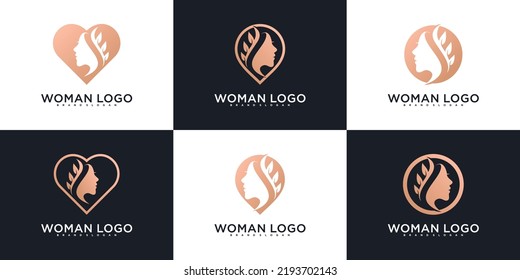 Set of woman's face logo design collection with feminine design concept for beauty salon