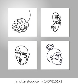 Set Woman's Face Minimal Line Style. Continuous One Line drawing Abstract Vector female Portrait and leaf monstera on a White Background. Template social media, t-Shirt Print, postcard, poster