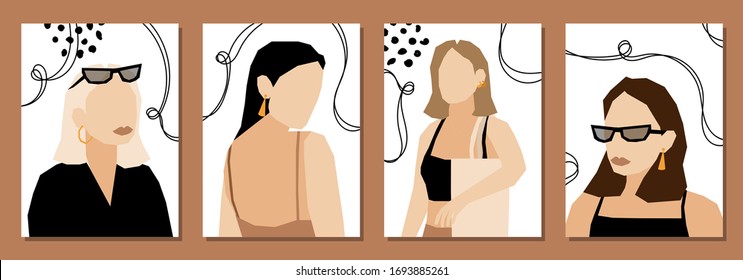 Set of Woman's Face minimalist collage abstract contemporary fashion in a modern trendy colors, vector illustration