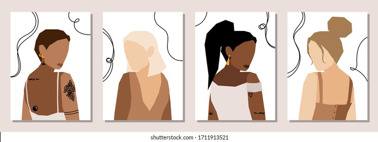 Set of Woman's Face minimalist collage abstract contemporary fashion in a modern trendy colors, vector illustration