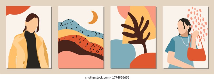 Set von Woman's Face minimalistische Collage abstrakte zeitgenössische Mode in modernen trendigen Farben, Vektorgrafik