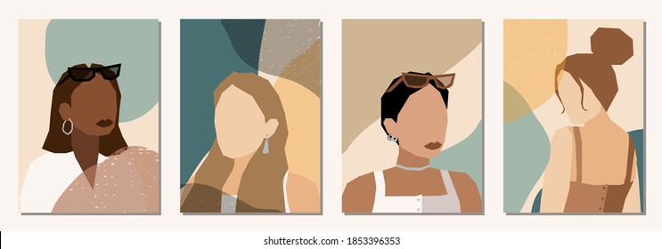 Set of Woman's Face minimalist collage abstract contemporary fashion in a modern trendy colors, vector illustration