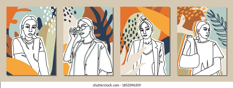 Set of Woman's Face minimalist collage abstract contemporary fashion in a modern trendy colors, vector illustration