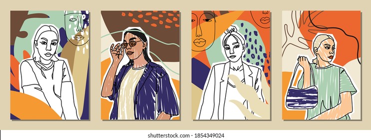 Set of Woman's Face minimalist collage abstract contemporary fashion in a modern trendy colors.