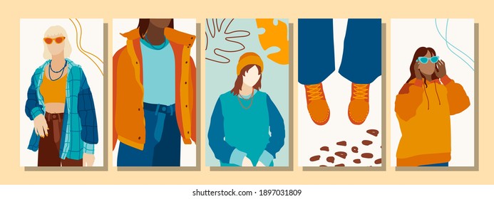 Set of Woman's Face minimalist collage abstract contemporary fashion in a modern trendy colors.