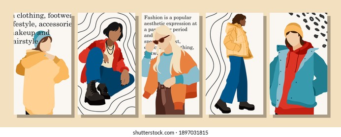 Set of Woman's Face minimalist collage abstract contemporary fashion in a modern trendy colors.