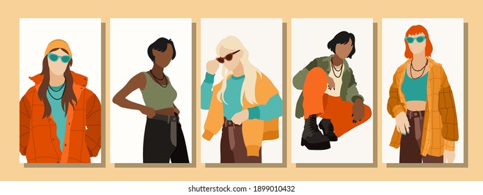 Set of Woman's Face minimalist collage abstract contemporary fashion in a modern trendy colors.