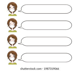 A set of a woman's face and a speech bubble wearing a mask with a smile and an embarrassed expression