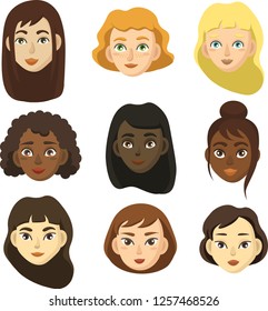 Set of woman's faces of different nationalities. Portraits of characters. Avatar set vector illustration. 