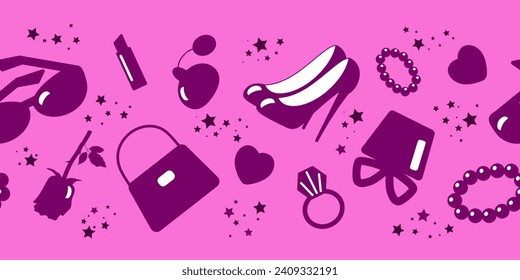 Juego de cosas favoritas para una mujer: joyería, lápiz labial, bolsa, perfume, tacones altos. Ilustración vectorial para el diseño de ventanas de taller, embalaje, impresión. Frontera perfecta.