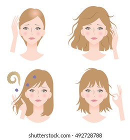 set of woman's hair problems: loss, thinning, bald, damage, split ends, unruly, and odor