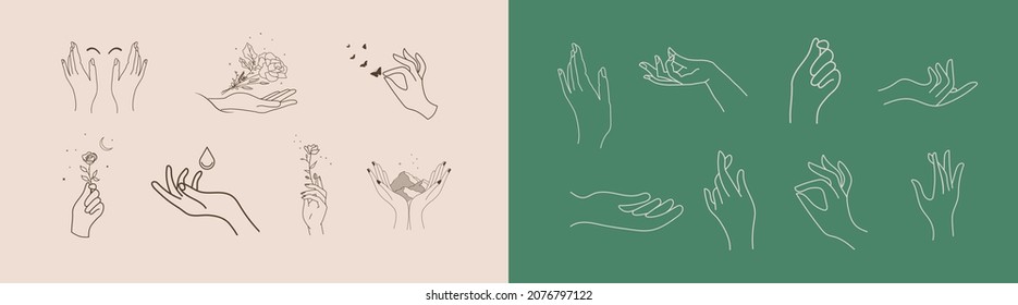 A set of Woman's hand icon collections in a minimal linear style. Vector logo design Templates with different hand gestures, Crystal. For cosmetics, beauty, tattoo, Spa, feminine, jewelry store.