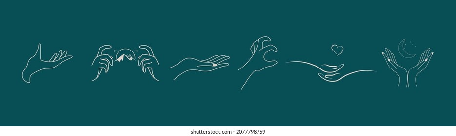 Un conjunto de colecciones de iconos de la mano de la mujer en un estilo lineal mínimo. Diseño de logotipo vectorial Plantillas con gestos de mano diferentes, Cristal. Para cosméticos, belleza, tatuajes, Spa, feminine, joyería.
