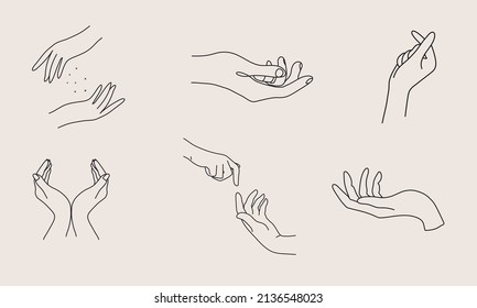 Un conjunto de colecciones de iconos de la mano de la mujer en un estilo lineal mínimo. Plantillas de diseño de logotipo vectorial con diferentes gestos de mano, Crystal. Para cosméticos, belleza, tatuaje, Spa, feminine, joyería