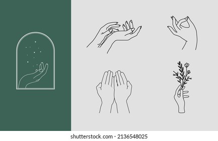 A set of Woman's hand icon collections in a minimal linear style. Vector logo design templates with different hand gestures, Crystal. For cosmetics, beauty, tattoo, Spa, feminine, jewelry store