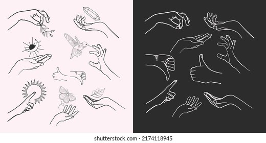 A set of Woman's hand icon collections in a minimal linear style. Vector logo design Templates with different hand gestures, Crystal. For cosmetics, beauty, tattoo, Spa, feminine, and jewelry stores.