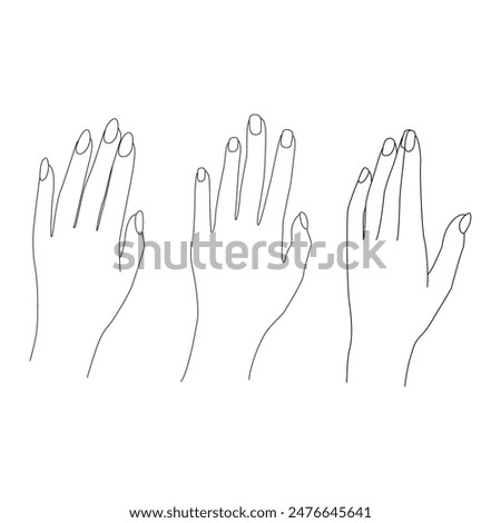 Set of woman's hand in line art style. Collection of female hands different gestures