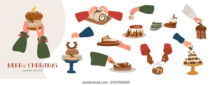 Set of woman's hands cooking, decorating home-baked Christmas cake. Christmas bakery. Festive food, cooking process, family culinary, Christmas, New Year traditions concept vector cartoon illustration