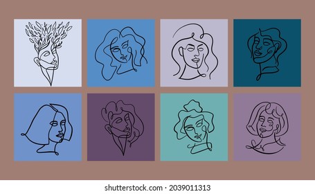 Set of woman's heads drawn in a continuous line. Girl with hair and leaves. Vector illustration for logo and card, poster and tattoo.