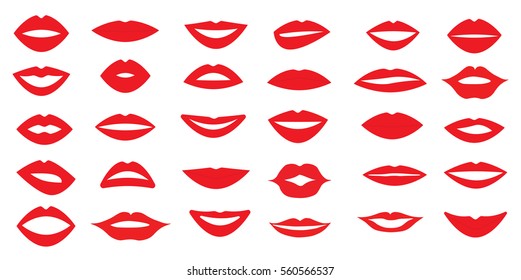 set of woman's lips. Different form of the lips. Different emotions. Vector illustration.