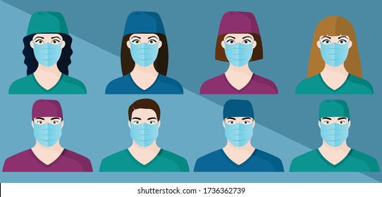 Set of a woman's and man's as doctor or nurse. Set of characters in medical uniform and face masks. Coronavirus epidemic. Vector illustration