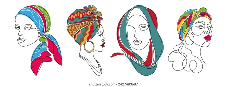 Set of woman's portrait. Women of different nationality in headscarf. Woman face. Vector illustration, minimalism, continuous line, contemporary art. Poster, logo, emblem, icon, label, packaging