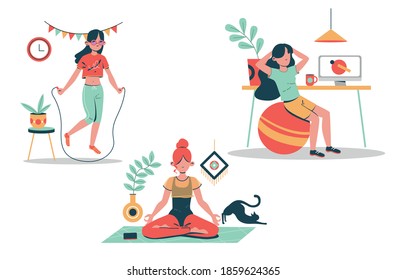 Set of womans practicing stretching and fitness at home set. Cartoon Flat Vector Illustration