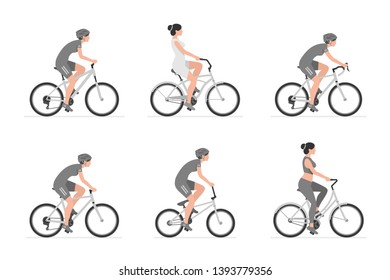 Set of Womans riding bicycles. isolated on white background