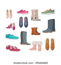 Satz von Frauenschuhen. Flaches Design, Vektorgrafik. Knöchel- und Mittelstiefel, Turnschuhe, Flieger, Moccasinillustrationen. Kollektion von Schuhen für alle Jahreszeiten. Für Shop-Werbung, Mode-Konzepte. Auf weißem Hintergrund