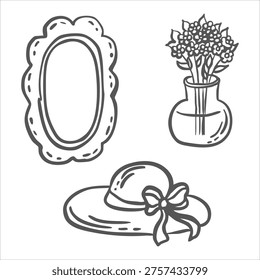 Set of womans stuff whimsical vector graphic illustrations for beauty design. Isolated hand drawn doodles of mirror, hat with bow and flowers bouquet in vase. Black and white clipart for cottagecore.