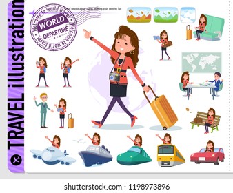A set of women in the 90's dress on travel.There are also vehicles such as boats and airplanes.It's vector art so it's easy to edit.
