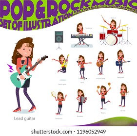 A set of women in the 90's dress playing rock 'n' roll and pop music.There are also various instruments such as ukulele and tambourine.It's vector art so it's easy to edit.