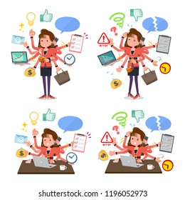 A set of women in the 90's dress who perform multitasking in the office.There are things to do smoothly and a pattern that is in a panic.It's vector art so it's easy to edit.