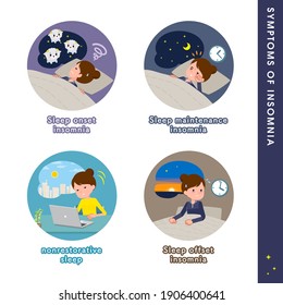 A set of women about the types of sleep disorders.It's vector art so it's easy to edit.