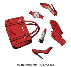 Set of women accessories in red shades, color vector illustration