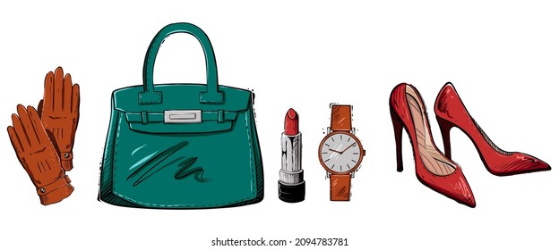 Set of women accessories in red shades, color vector illustration