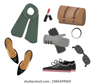 Set of women accessories. Shoes and apparel. Sunglasses with black gloves. Fashion, trend and style. Aesthetics and elegance. Cartoon flat vector collection isolated on white background