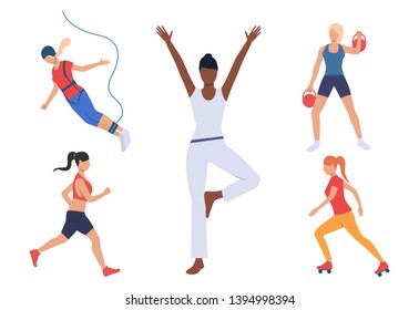 Set of women with active hobbies. Girls doing yoga, running, roller skating, bungee jumping. Sport concept. Vector illustration can be used for topics like keeping fit or active lifestyle