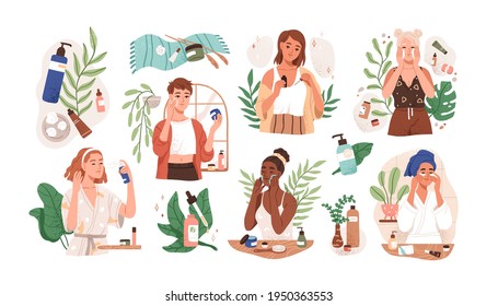 Set of women applying cleansing and moisturizing face skincare products at home. Everyday skin care routine with cleanser and moisturizer. Colored flat graphic vector illustration isolated on white - Shutterstock ID 1950363553