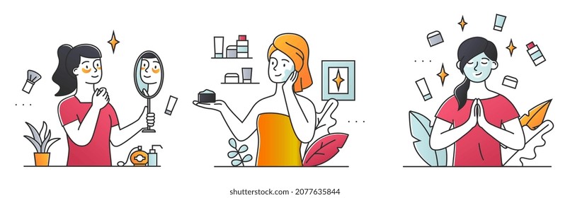 Set with women applying cleansing and moisturizing skincare products. Concept of everyday skin care routine with cleanser and moisturizer. Flat cartoon vector illustration