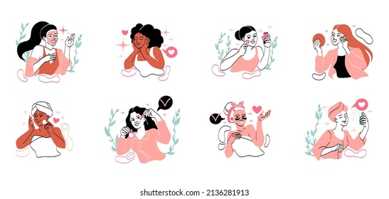 Set of women applying cleansing and moisturizing products at home. Young female characters take care of face skin. Daily beauty routine. Cartoon flat vector collection isolated on white background